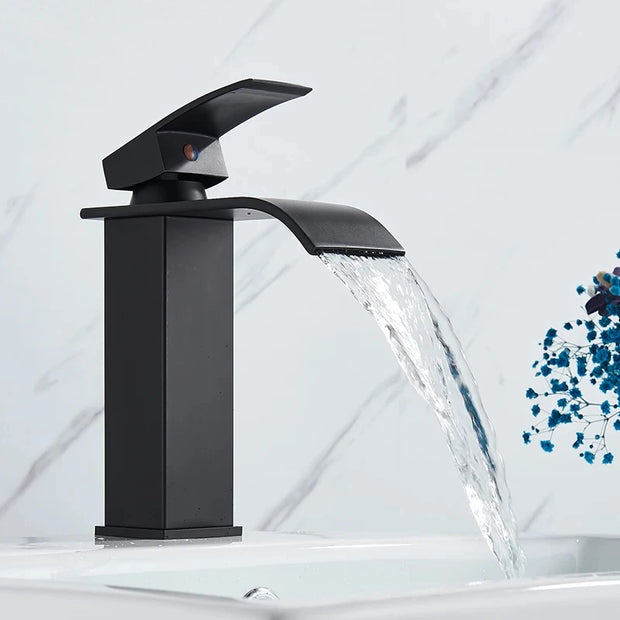 Black Waterfall Bathroom Faucet, Basin, Sink, Sinks, Mixer Tap, Hot and Cold Water Tap, Single Hole Bathroom Sink Faucets, Crane