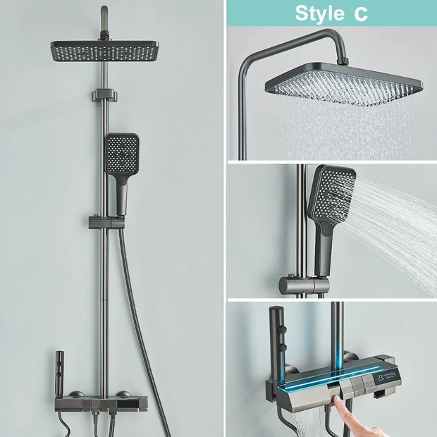 Gray Bathroom Shower Faucet Digital Display Faucet Set Piano Button Shower System With Atmosphere light Space Aluminum