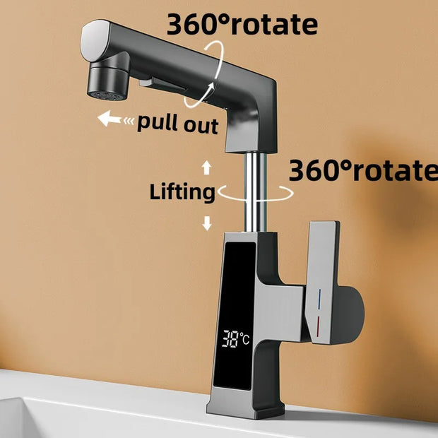 LED Bathroom Faucet Intelligent Temperature Sensor Digital Display Faucet Brass Basin Taps Cold Hot Water Pull Out Lifting