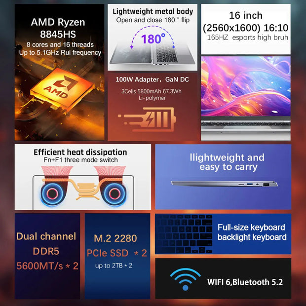 CRELANDER Laptop AMD Ryzen 8845HS Processor 8Cores 16 Thread  16 Inch LCD 2560*1600-165HZ DDR5 Notebook Computer Gaming Laptops