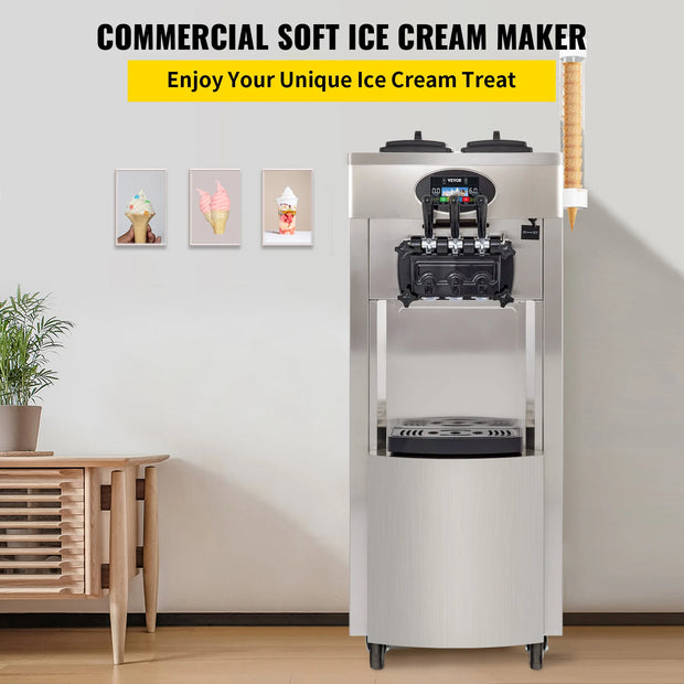 VEVOR Commercial Soft Serve Ice Cream Machine - 6L Dual Hoppers, 3 Flavors, 2200W Compressor, LCD Control for Bars, Catering