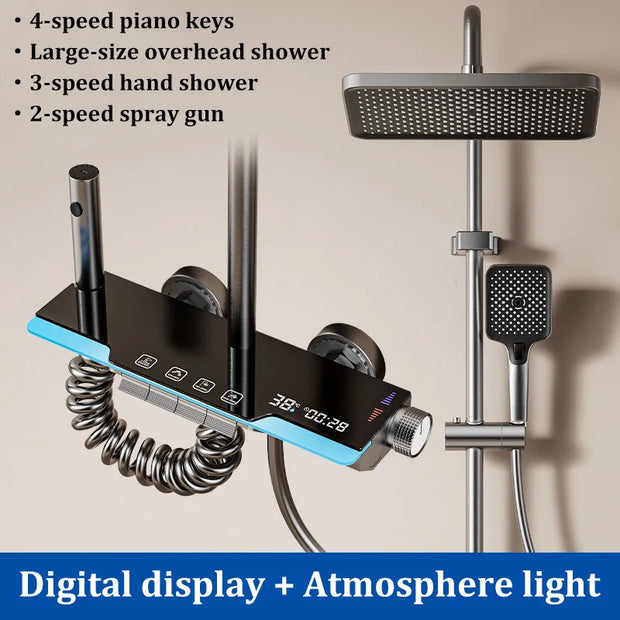 Space Aluminum Household Gun Gray Digital Display Shower Set Hotel Bathroom Shower Atmosphere Light Shower Full Set