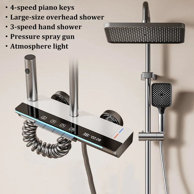 Space Aluminum Household Gun Gray Digital Display Shower Set Hotel Bathroom Shower Atmosphere Light Shower Full Set