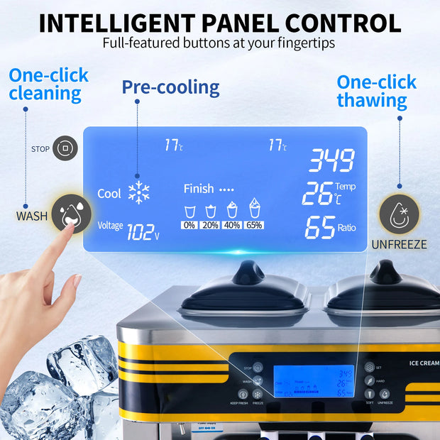 SucceBuy 22-30L/H Soft Ice Cream Maker Commercial Countertop Tricolor 2+1 Flavors Sweet Cones Freezing Equipment Vending Machine