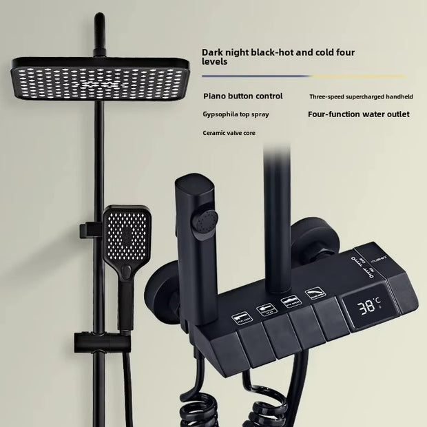 Kit de ducha de cobre completo con pantalla LED, botón de piano para baño, cabezal de ducha de refuerzo, nuevo modelo 2025