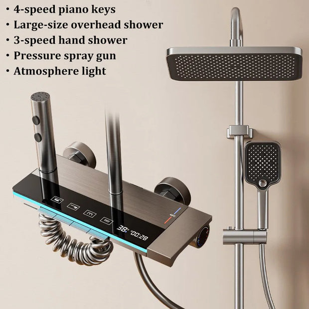 Space Aluminum Household Gun Gray Digital Display Shower Set Hotel Bathroom Shower Atmosphere Light Shower Full Set