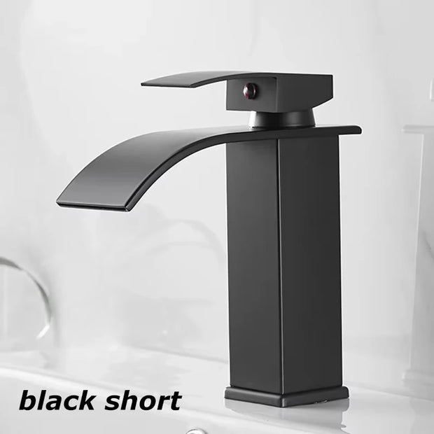 Black Waterfall Bathroom Faucet, Basin, Sink, Sinks, Mixer Tap, Hot and Cold Water Tap, Single Hole Bathroom Sink Faucets, Crane