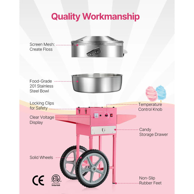 SucceBuy Electric Cotton Candy Machine with Cart Commercial Candy Floss Maker with 20.5 in Stainless Steel Bowl Sugar Scoop