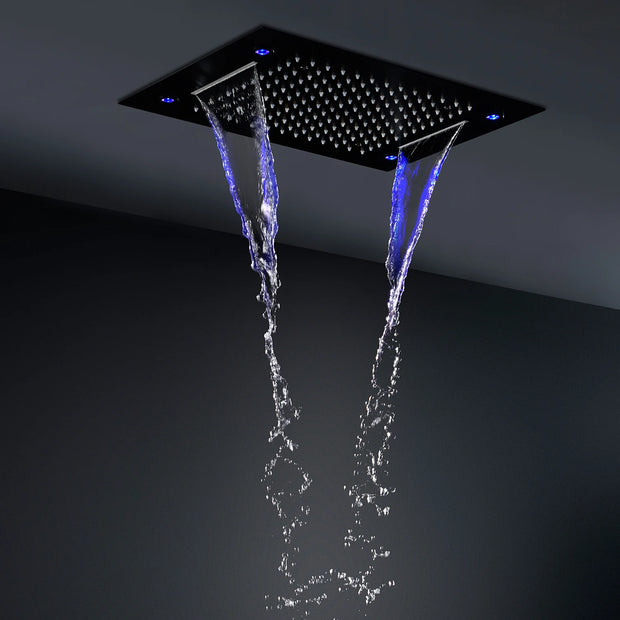OLEFY Bathroom Shower Head 360*500MM Matte Black Thermostatic Concealed Faucet Hand Shower Ceiling LED Shower Set