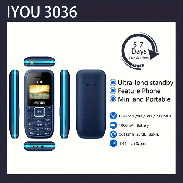 IYOU 3036 feature phone basic phone 1.44 inch wireless FM dual card dual standby 1000mAh battery long standby time simple phone