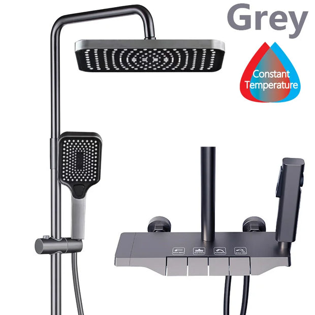 Grey Shower System Set Bathroom Digital LED Rain Showers Faucet Brass Bath Thermostat Rainfall Shower 4 Way with Bidet Taps Sets