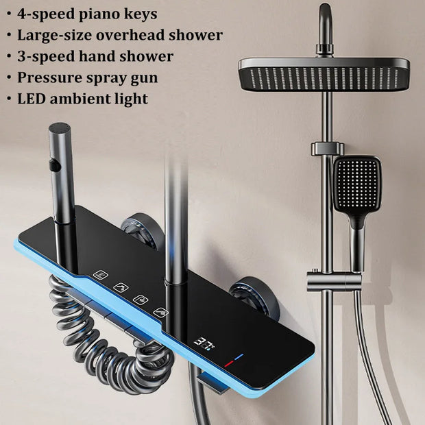 Space Aluminum Household Gun Gray Digital Display Shower Set Hotel Bathroom Shower Atmosphere Light Shower Full Set
