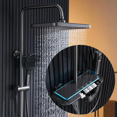 Luxury Smart LED Bathroom Showers Wall Mounted Four Function Thermostatic Rainfall Shower Set