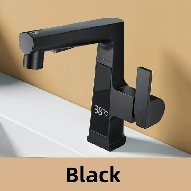LED Bathroom Faucet Intelligent Temperature Sensor Digital Display Faucet Brass Basin Taps Cold Hot Water Pull Out Lifting
