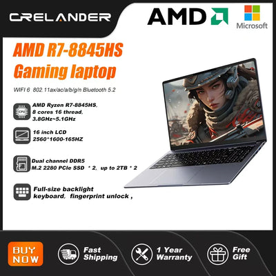 CRELANDER Laptop AMD Ryzen 8845HS Processor 8Cores 16 Thread  16 Inch LCD 2560*1600-165HZ DDR5 Notebook Computer Gaming Laptops