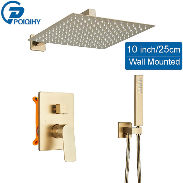 POIQIHY Brushed Golden Shower Faucets Wall Mount Concealed Shower Set Rainfall Bath Shower Mixers 2 ways Bathroom Mixer Tap