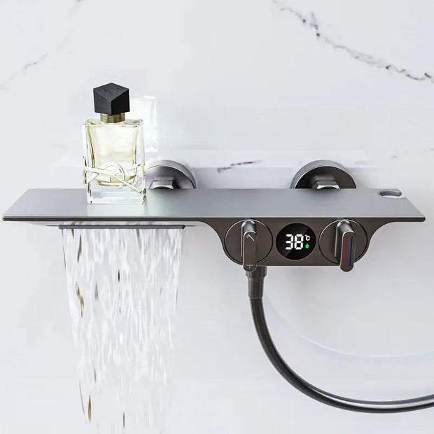 Gray Bathroom Bathtub Faucet Set Wall Mounted Brass Digital Display Smart Waterfall Shower Faucet Set White Chrome Black