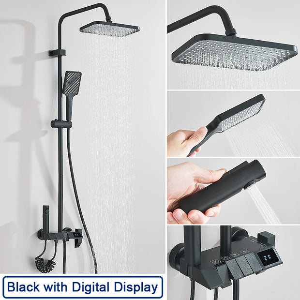 Rozin Black Smart Digital Display Shower Faucet Set Piano Style Rainlfall Bathroom System Grey Digital Mixer Tap Bidet Shower