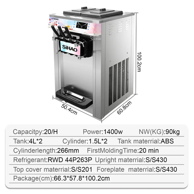 Three flavored soft ice cream machine, capable of continuously producing 20-28 liters per hour, suitable for beverage stations