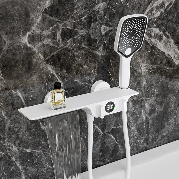 Bathroom Gray Bathtub Faucet Set Wall Mounted Brass Digital Display Smart Waterfall Shower Faucet Set White Chrome Black