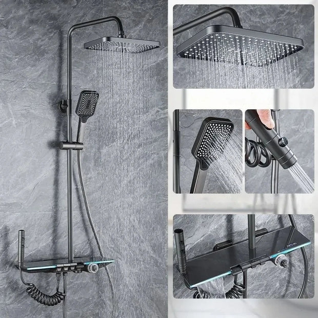 Upgrade White Bathroom Shower Set with LED Display Piano Keys Hot Cold Bath Shower Rain Shower Faucet Bathroom Accessories Brass