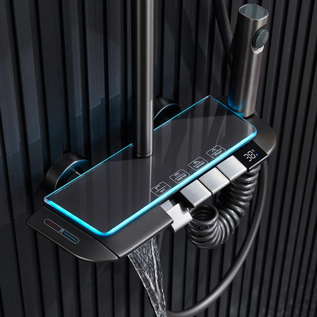 Luxury Smart LED Bathroom Showers Wall Mounted Four Function Thermostatic Rainfall Shower Set