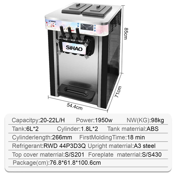 Sihao Soft Serve Ice Cream Machine Ice Cream Machine 20-28 L/h Ice Cream Machine Ice Cream 3 Flavor