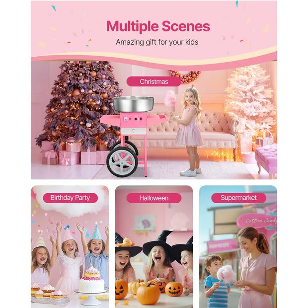 SucceBuy Electric Cotton Candy Machine with Cart Commercial Candy Floss Maker with 20.5 in Stainless Steel Bowl Sugar Scoop