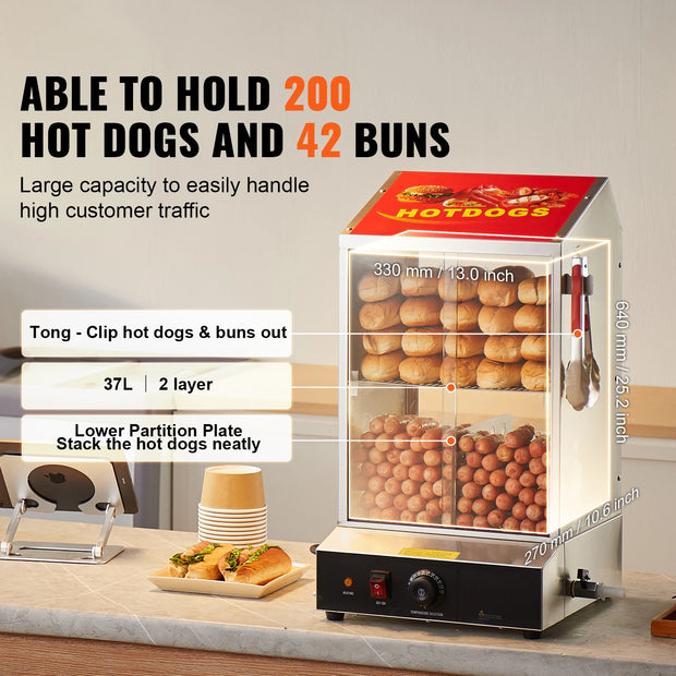 SucceBuy 36L 2-Tier Hot Dog Steamer Hot Dog Hut Steamer 86℉~185℉ Temperature Control, Electric Bun Warmer for Hot Dogs & Buns