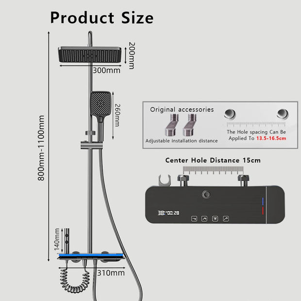 Luxury Shower System Set Waterfall Rainfall Black Bathroom Smart Faucet Digital Display Bathtub Thermostat Mixer Shower Full Set