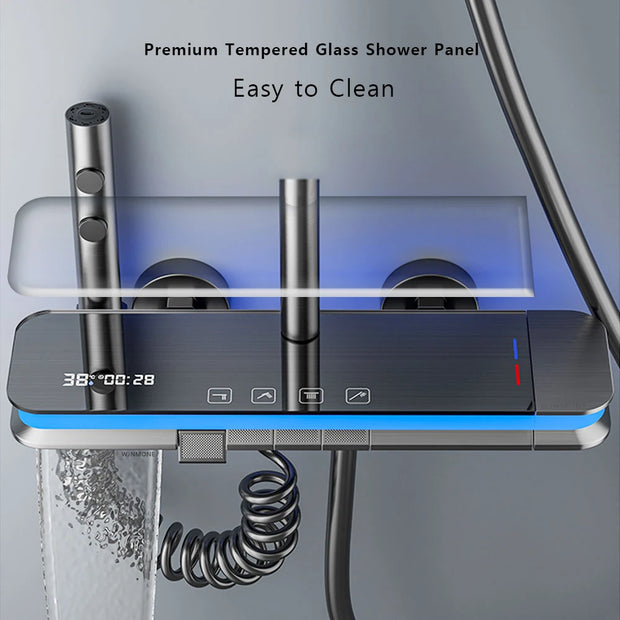 Luxury Shower System Set Waterfall Rainfall Black Bathroom Smart Faucet Digital Display Bathtub Thermostat Mixer Shower Full Set