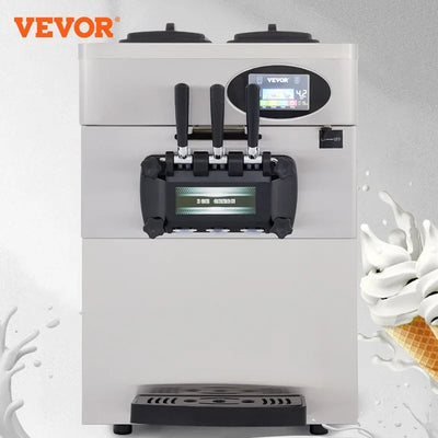 VEVOR 20-28L/H Soft Ice Cream Maker Commercial Countertop Tricolor 2+1 Flavors Sweet Cones Freezing Equipment Vending Machine