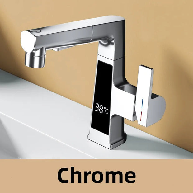 LED Bathroom Faucet Intelligent Temperature Sensor Digital Display Faucet Brass Basin Taps Cold Hot Water Pull Out Lifting