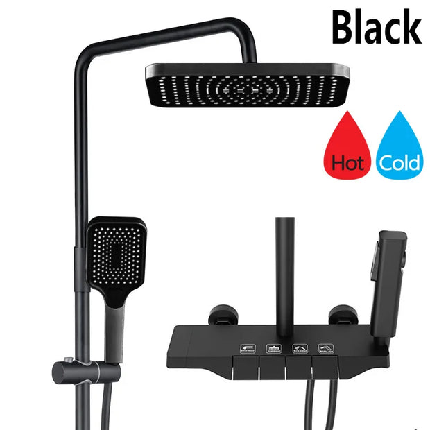 Grey Shower System Set Bathroom Digital LED Rain Showers Faucet Brass Bath Thermostat Rainfall Shower 4 Way with Bidet Taps Sets