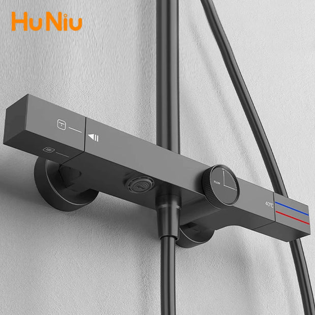 Huniu Thermostatic Shower System Set Gold Shower Set Luxury Bathroom Shower Faucet Set Brass Rainfall Bathroom Shower Set Grey