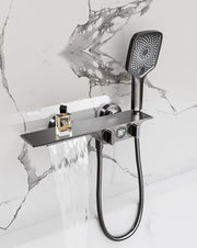 Bathroom Gray Bathtub Faucet Set Wall Mounted Brass Digital Display Smart Waterfall Shower Faucet Set White Chrome Black