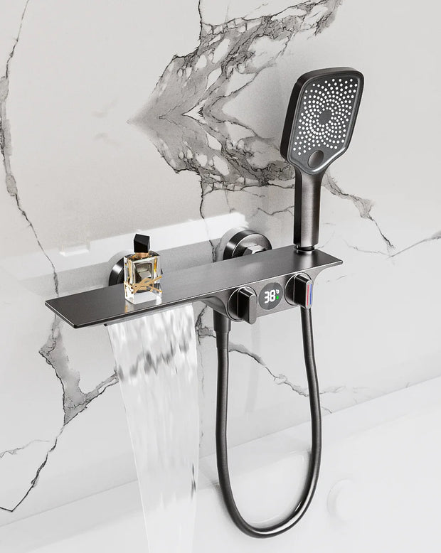 Bathroom Gray Bathtub Faucet Set Wall Mounted Brass Digital Display Smart Waterfall Shower Faucet Set White Chrome Black
