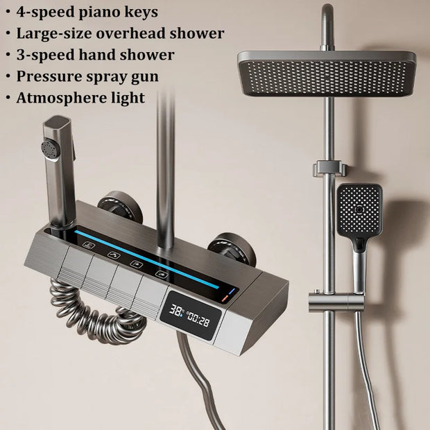 Space Aluminum Household Gun Gray Digital Display Shower Set Hotel Bathroom Shower Atmosphere Light Shower Full Set