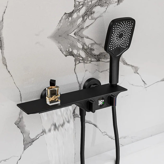 Bathroom Gray Bathtub Faucet Set Wall Mounted Brass Digital Display Smart Waterfall Shower Faucet Set White Chrome Black