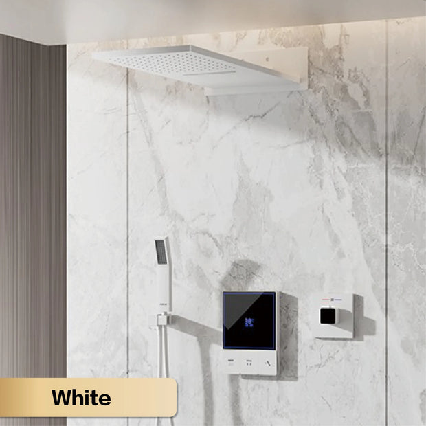 Luxury Gun Grey Brass Wall-Mounted Thermostatic Shower Set Rainfall LED Display&3 Spray Modes Anti-Scald Bathroom Mixer System