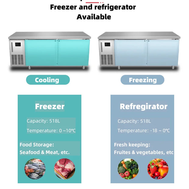 8-Door Stainless Steel Workbench Refrigeration Equipment LED Light Freezer Under Counter Fridge For Display Cooler