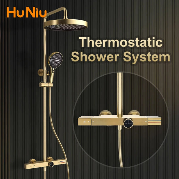 Huniu Thermostatic Shower System Set Gold Shower Set Luxury Bathroom Shower Faucet Set Brass Rainfall Bathroom Shower Set Grey