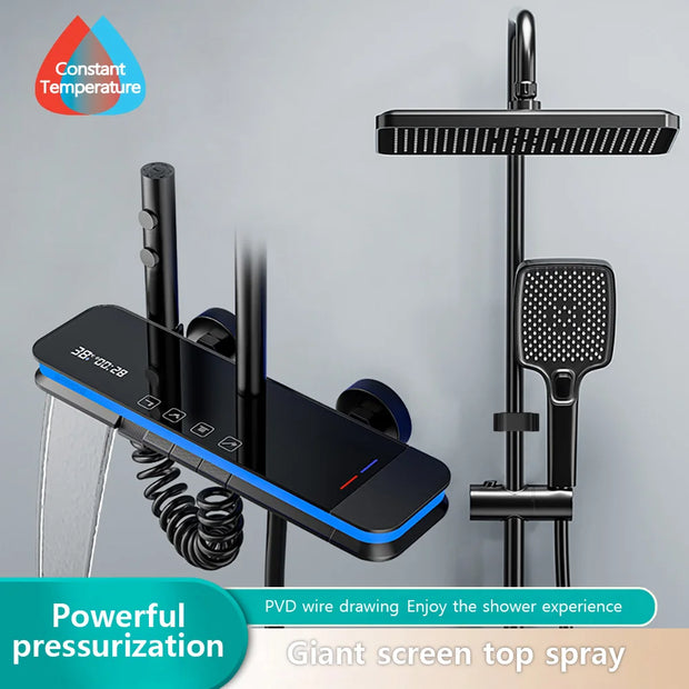 Luxury Shower System Set Waterfall Rainfall Black Bathroom Smart Faucet Digital Display Bathtub Thermostat Mixer Shower Full Set