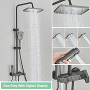 Kit de ducha de cobre completo con pantalla LED, botón de piano para baño, cabezal de ducha de refuerzo, nuevo modelo 2025