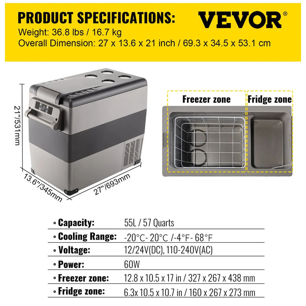 VEVOR 35L/45L/55L Car Fridge Freezer, Portable Compressor Cooler for Vehicles, Travel, Outdoor & Home Use