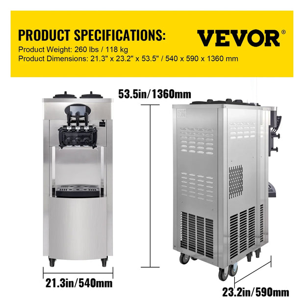 VEVOR Commercial Soft Ice Cream Machine 2200W  20-28L/H Ice Cream Maker Double 6L Hoppers Ice Cream Making Machine YKF-8228H