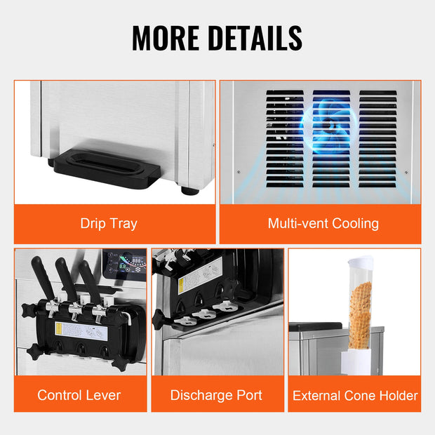 SucceBuy Commercial Ice Cream Machine 18-28 L/H Yield 3-Flavor Soft Serve Ice Cream Maker 2 x 5.5L Stainless Steel Cylinder
