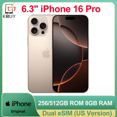 6.3" Apple iPhone 16 Pro Dual eSIM Cell Phone A18Pro 256/512GB Retina XDR OLED Face ID 5G Smartphone Unlocked