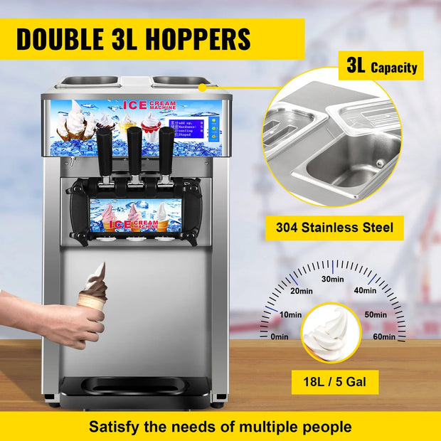 VEVOR Commercial Ice Cream Machine 3-flavor Yogurt Maker One-click Clean 18L/H LCD Display New Soft Ice Cream machine for Home