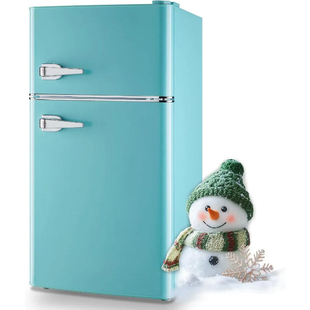 Compact Double Door Mini Fridge with Freezer for Dorm Office and Apartment Featuring Adjustable Glass Shelves Detachable Handle